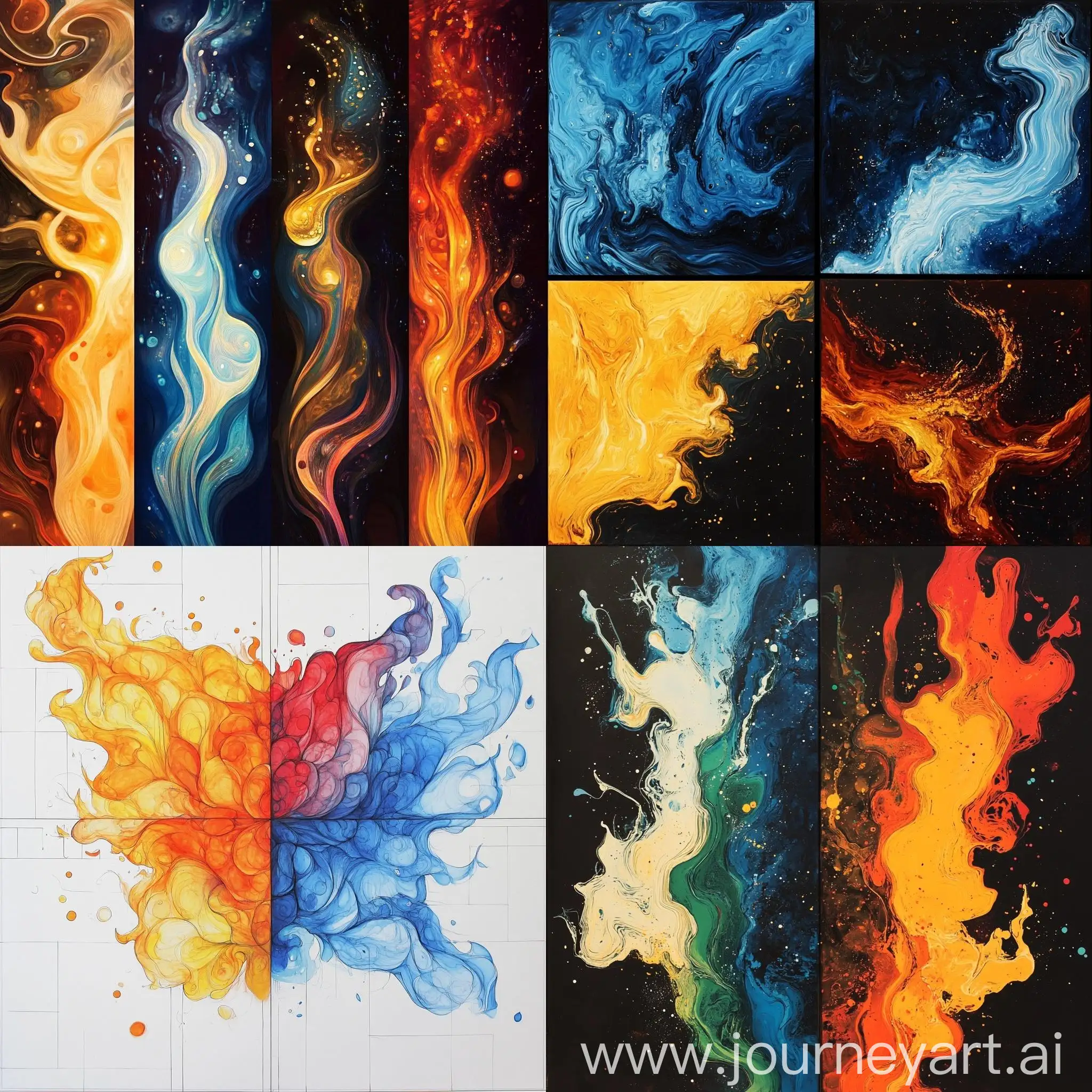 Abstract-Compositions-Elements-Fire-Water-Air-Earth-Lines-and-Spots-Artwork