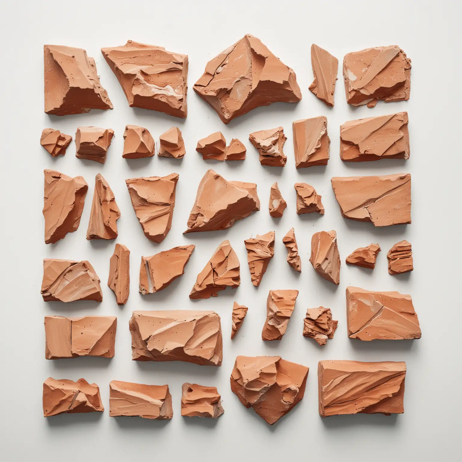 view strictly from above: terracotta fragments, large and small. White background.