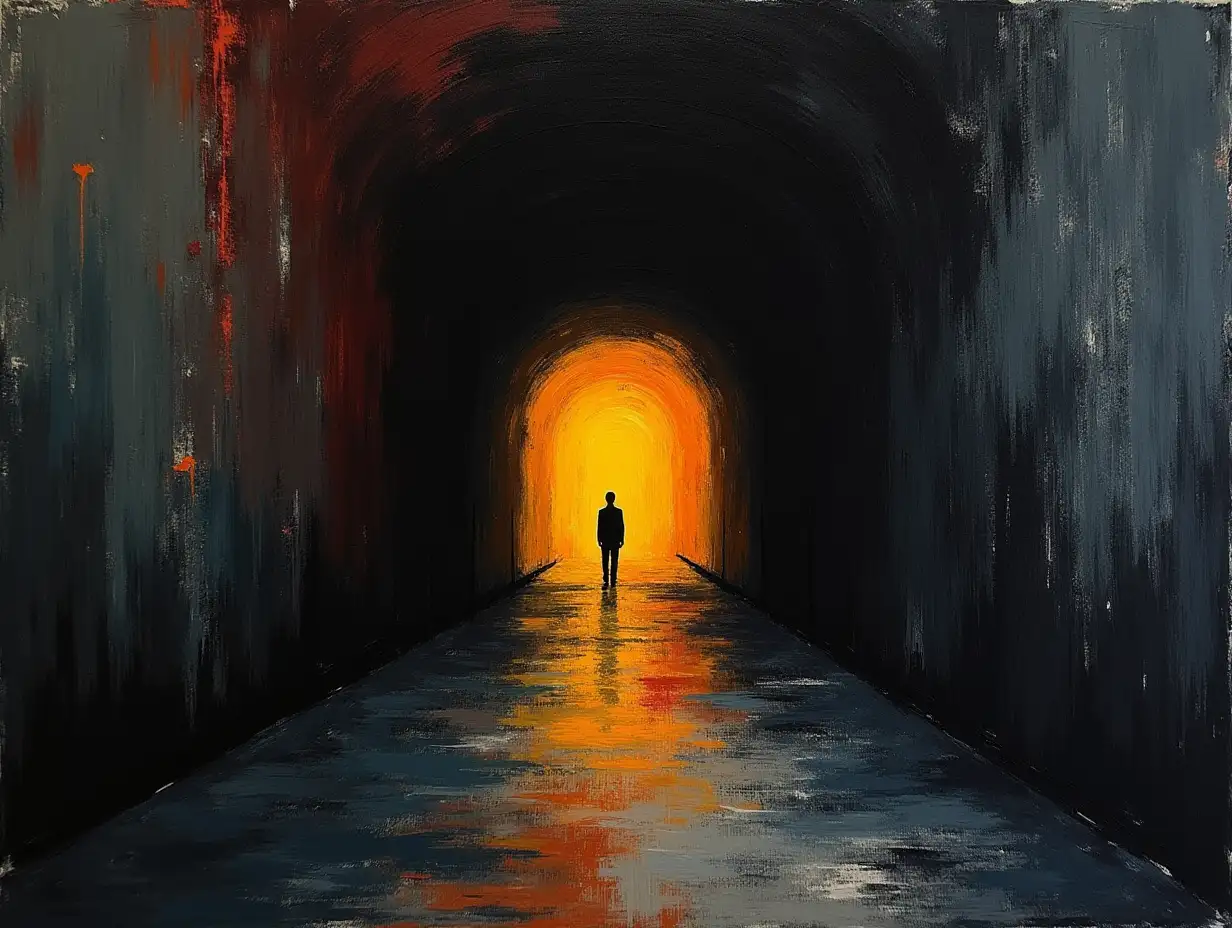 primitively, schematically, minimalism, stalker tarkovsky tunnel dark in the style of Kandinsky, Malevich, minimized for beginning artist acrylic many colors, constructivism abstractionism, rather gloomy