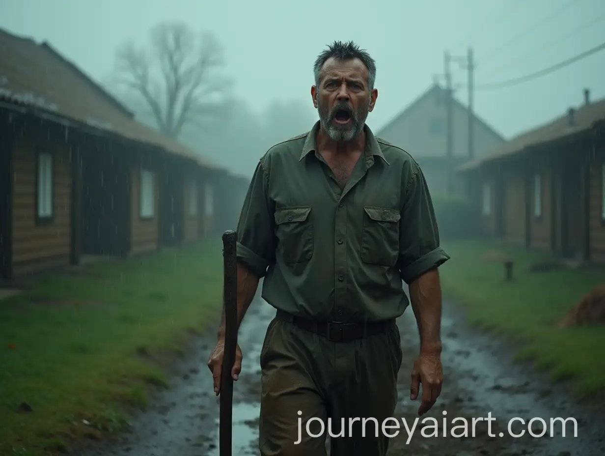 Prisoner-Holding-Hoe-in-Rainy-Grassy-Terrain-with-Shocked-Expression