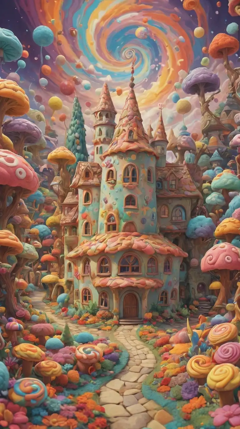 Psychedelic Dreamscape with Bundt Cake Houses