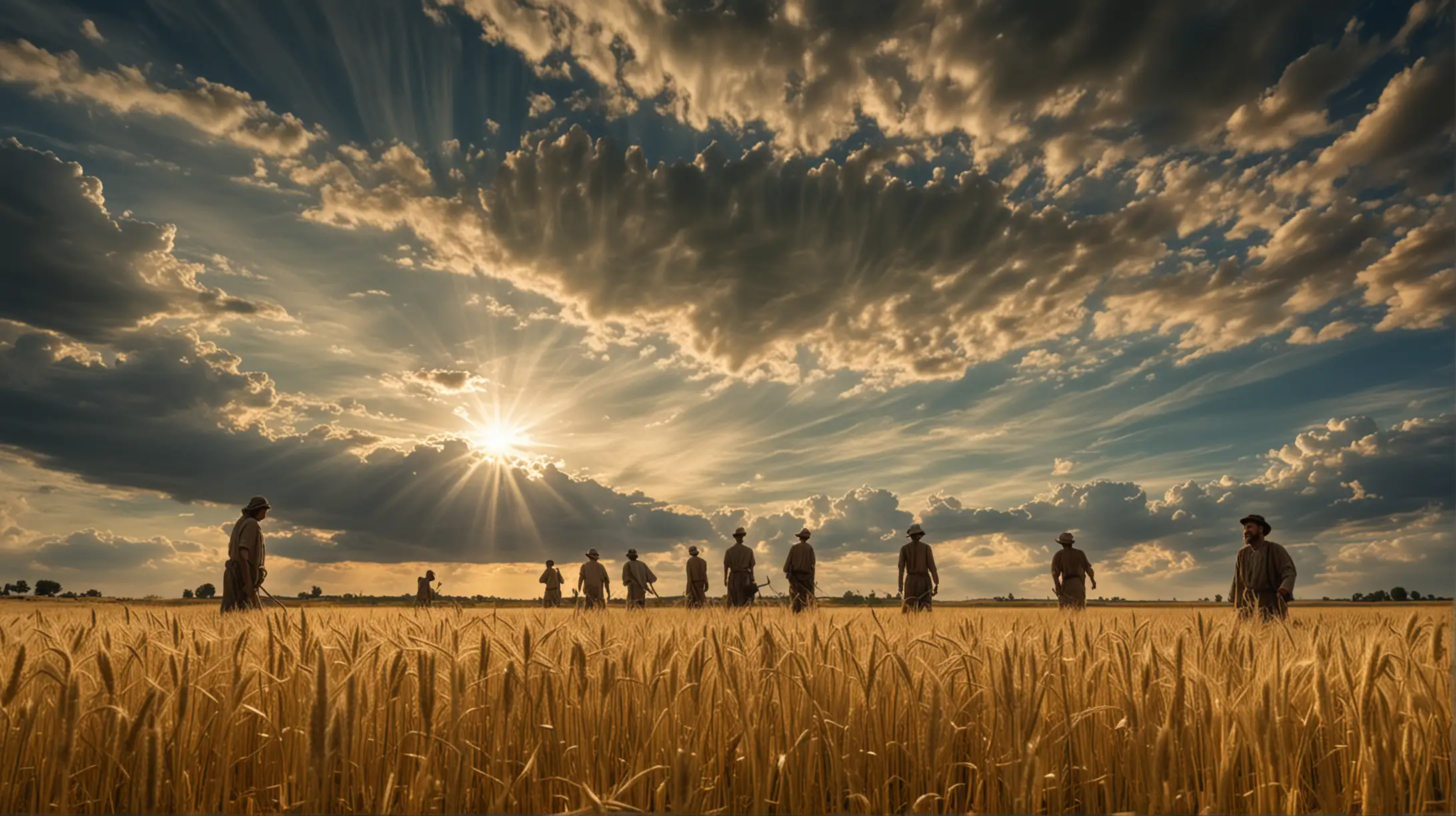 Workers Harvesting Barley Under a Majestic Biblical Sky