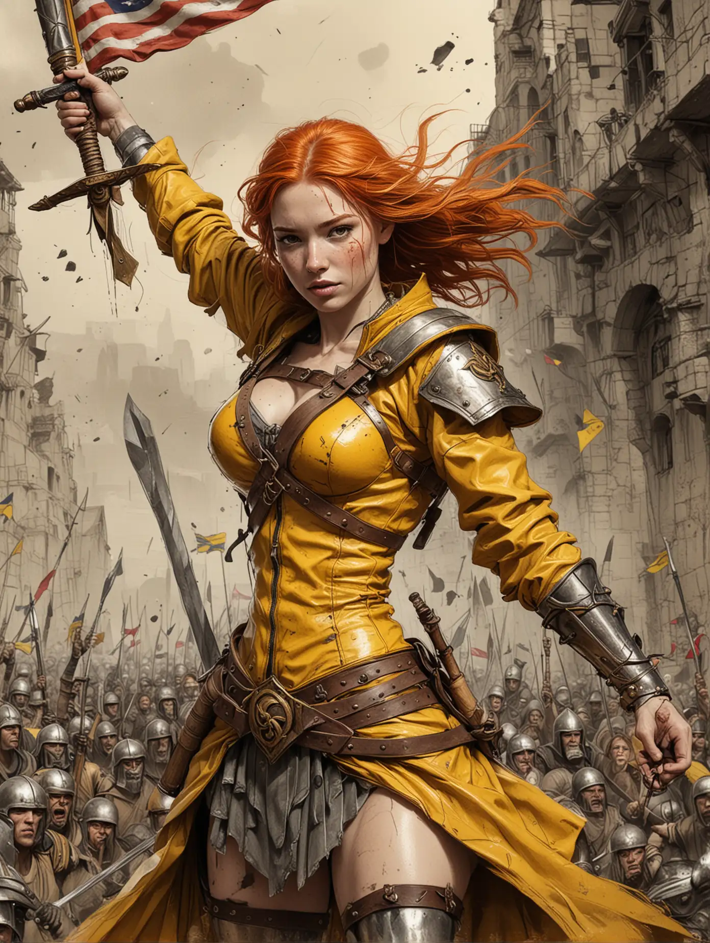 Whimsical style, Sketch of beauty ginger girl, wears centurion war clothes with long yellow leather coat completely with sword on hand, lifting up a spartan's flag, in dynamic battle pose, chaotic war zone background, colorful pen sketchy draw, hand drawn, dark, gritty, realistic sketch, rough sketch, mix of bold dark lines and loose lines, extremely detailed, masterpiece art