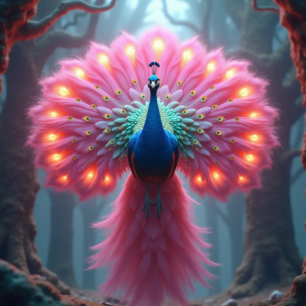 Generate imaginative 3D images of a peacock suspended in the air, with the peacock's head and body centered on the viewer and looking directly at the viewer. Peacock wings spread out symmetrically from side to side, the head position is higher than the wing area, and the wings are spread downward. Peacock tail feathers are colorful, pink main color, green + magenta auxiliary color, full of imagination, a combination of reality and fantasy elements, showing a rich sense of layer, soft three-dimensional sense. The peacock has bright eye-like spots on its tail feathers, adding to its visual appeal. The background design is simple and surreal, creating a mysterious and dreamy atmosphere. The picture should achieve ultra-sharp 8K resolution and ultra-high image quality.