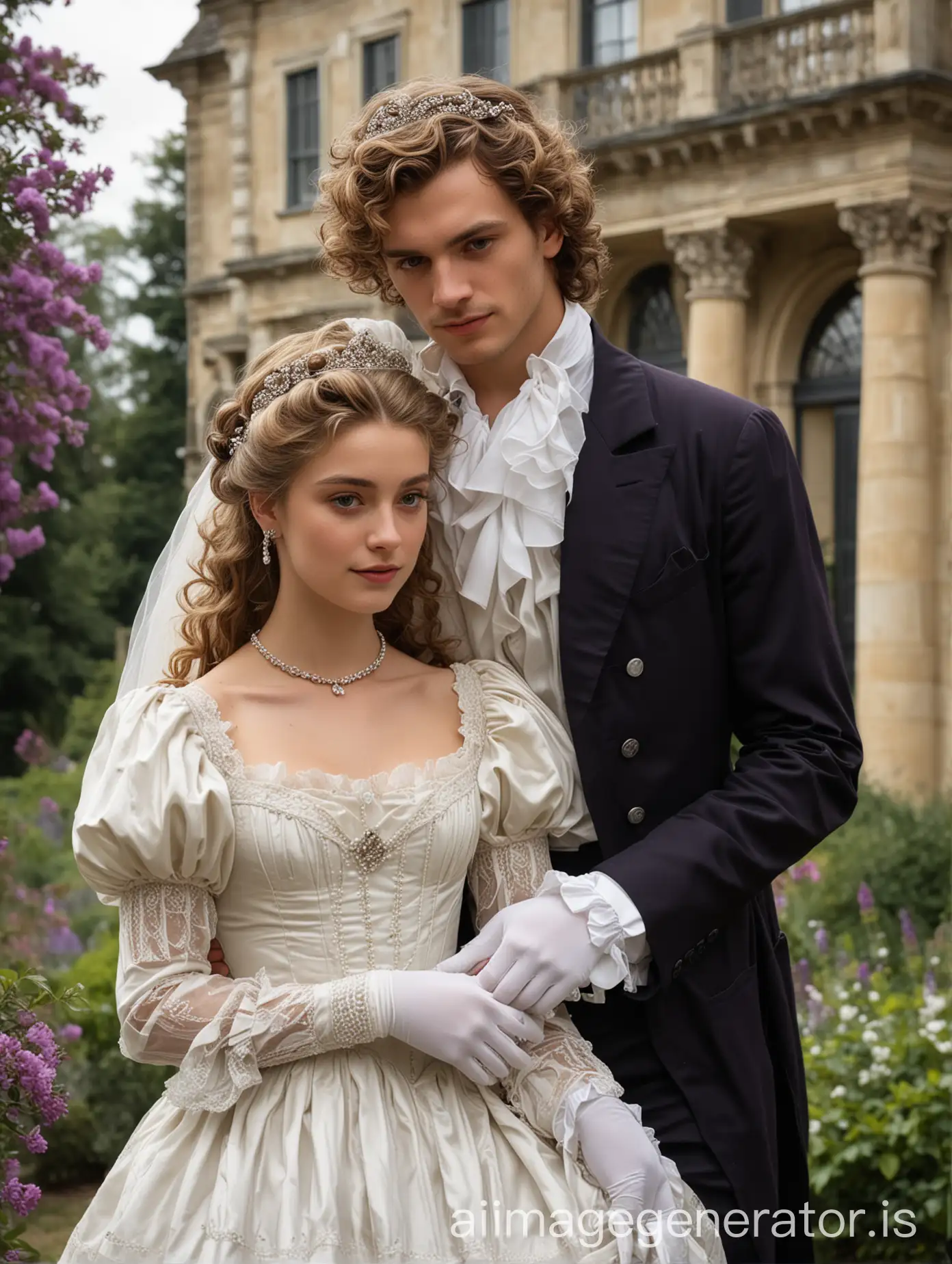 young couple from the Regency era. The woman, with curly brown hair adorned with a jeweled tiara and a delicate white veil, is wearing an elegant, flowing dress with intricate detailing around the bodice and puffed sleeves. She stands in a poised manner, looking over her shoulder with a serene expression, and wears white lace gloves. Beside her is a handsome man with wavy blond hair, dressed in a dark suit with a white cravat. He gazes tenderly at the woman, holding her close. A mansion in the background, surrounded by a garden of purple flowers. Full body.