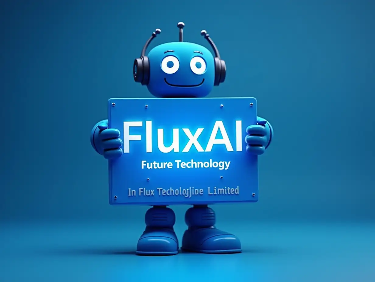 Create a picture of a blue-colored artificial intelligence robot holding a sign that reads “FluxAI Future Technology” and below it, in smaller letters, “InFlux Technologies Limited”