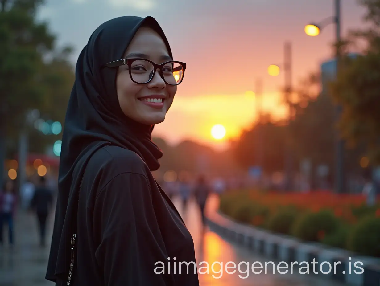 Beautiful-Indonesian-Muslim-Woman-in-Hijab-Enjoying-Sunset-Walk-in-Modern-City-Park-with-Robots