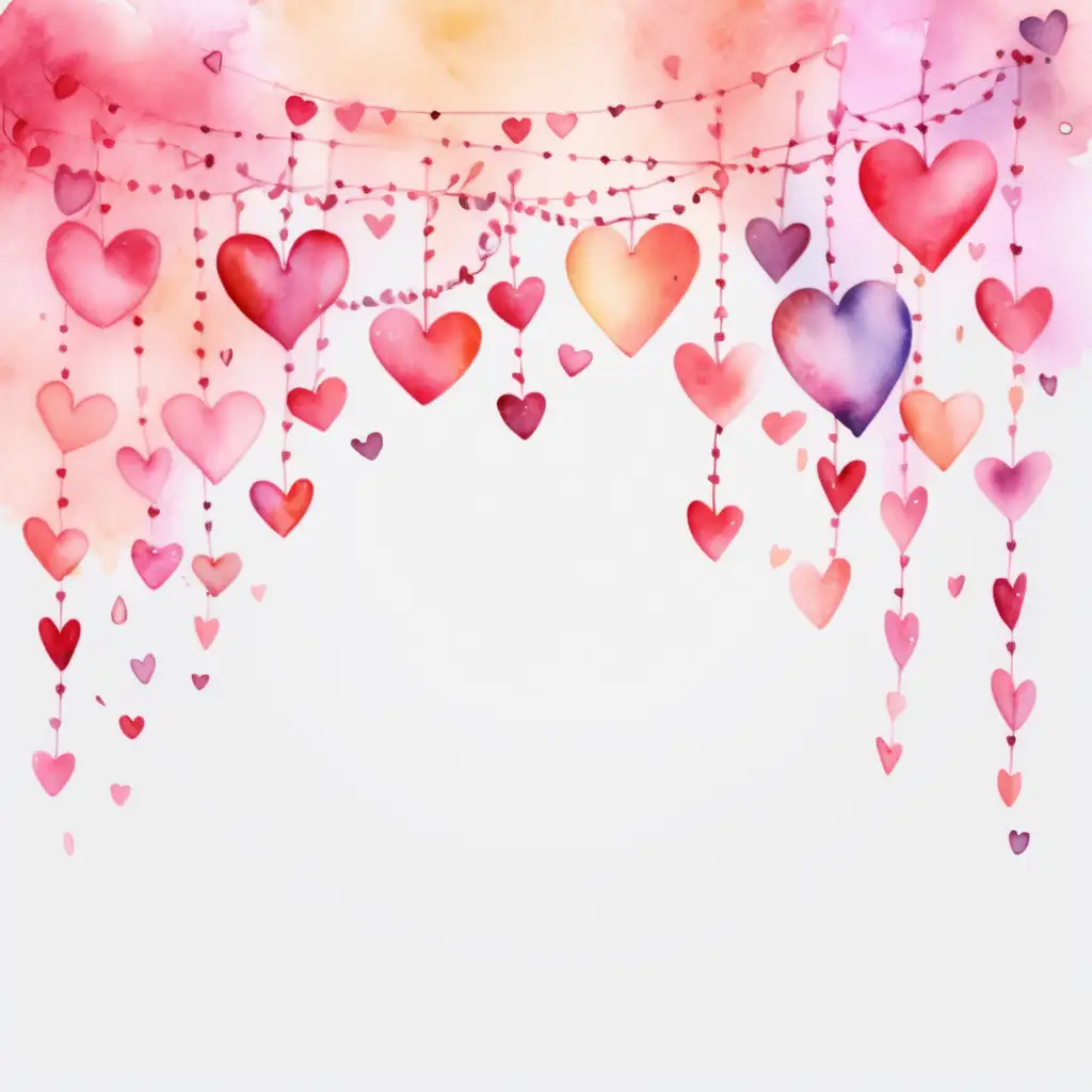 Hearts Garland on Light Background with Watercolor Accents