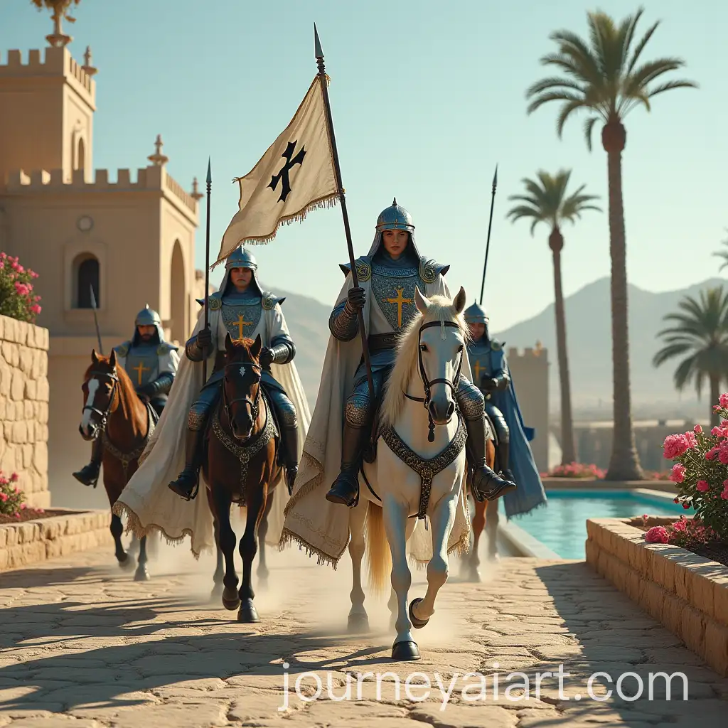 Female-Teutonic-Knights-Riding-Horses-Near-a-Medieval-Royal-Palace