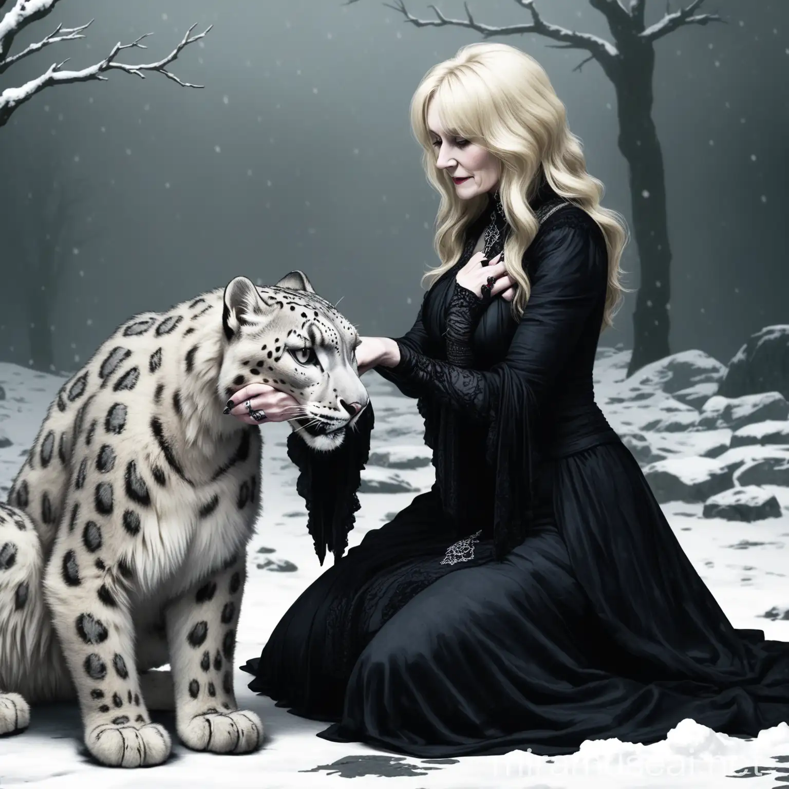 Blonde Woman Kneeling with Snow Leopard in Gothic Setting