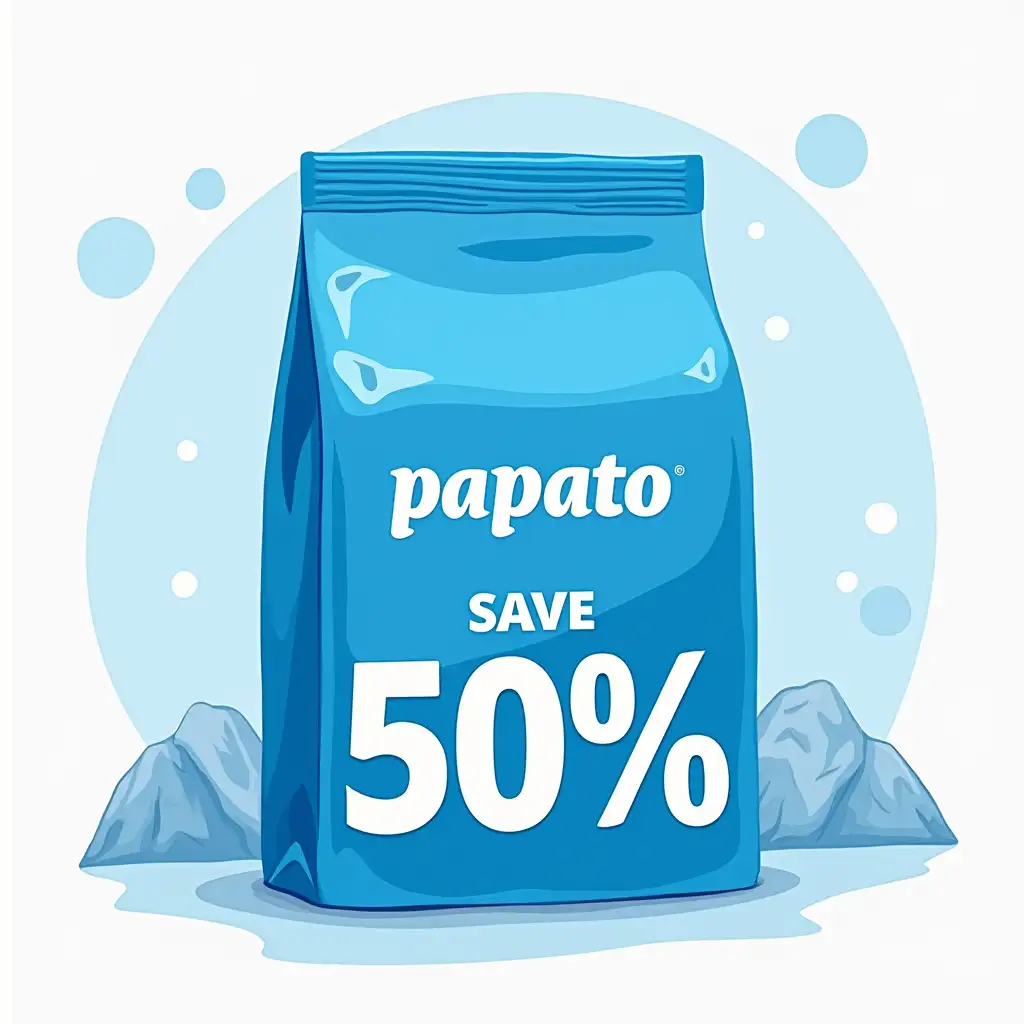 Papato-Brand-Sign-with-Blue-Ice-Bag-and-50-Discount-Promotion