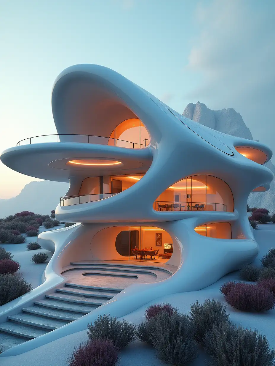 A futuristic extraterrestrial house plan with sleek, organic, and curvilinear designs. The structure should have a blend of metallic, transparent, and glowing elements, featuring multi-level platforms and flowing, fluid lines that create a sense of weightlessness. The house should appear as if it's designed for a non-human species, with asymmetrical shapes, floating rooms, and glowing panels. The exterior should resemble a combination of alien architecture and advanced technology, using materials that appear advanced, such as bioluminescent surfaces and energy-absorbing materials. The design should include complex geometries and an open, airy layout with minimalistic but functional interiors, with holographic projections and advanced light systems integrated throughout the home.