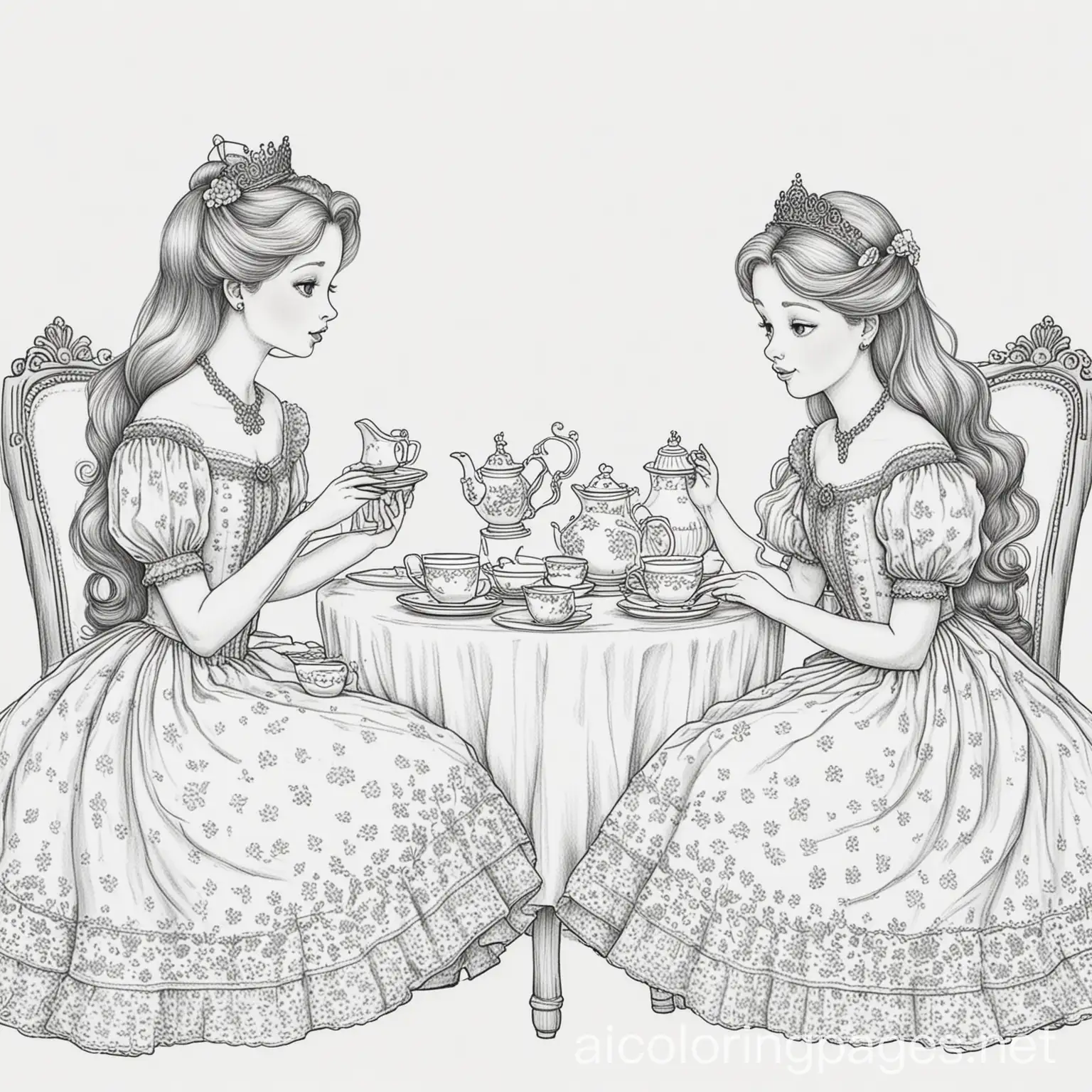 Two-Princesses-Having-a-Tea-Party-Coloring-Page