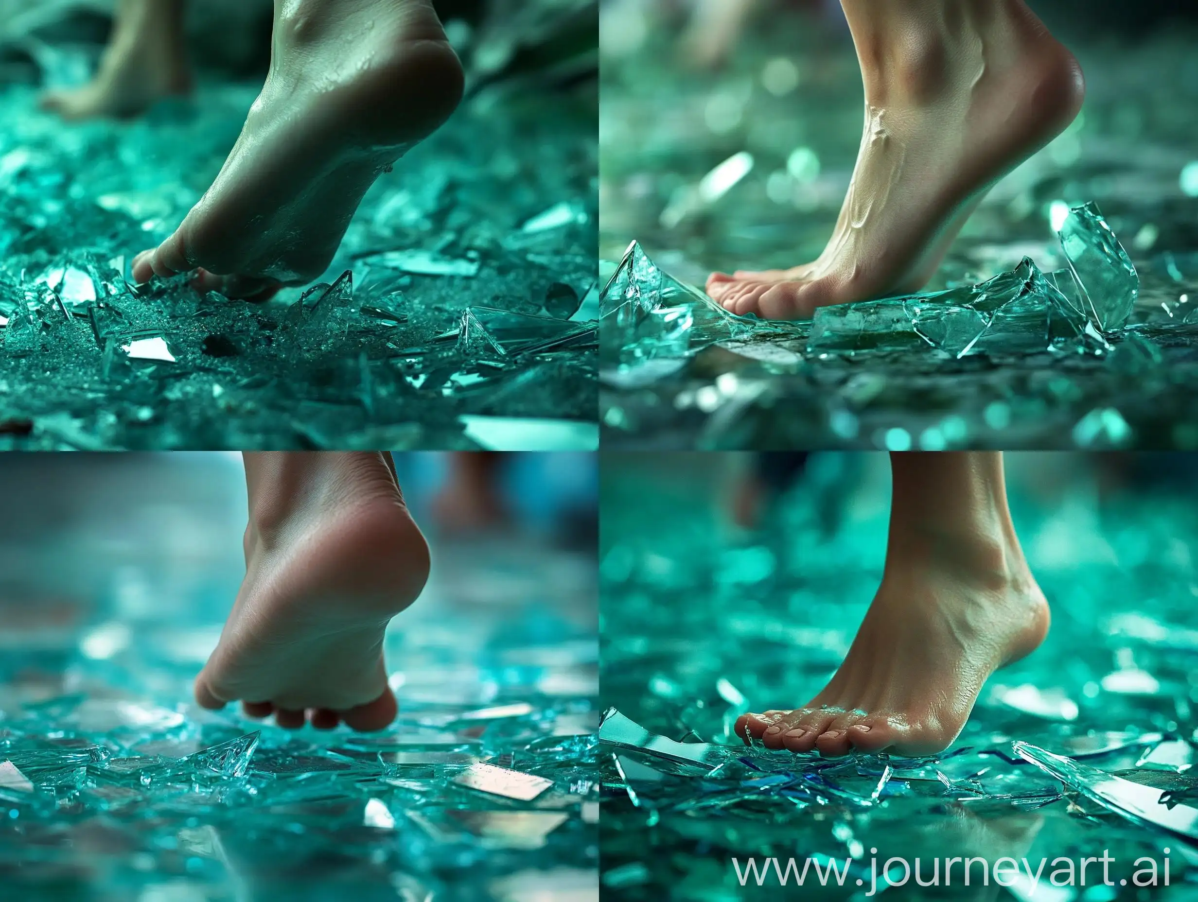 Bare-Foot-Stepping-on-Green-Broken-Glass-with-Blurry-Background