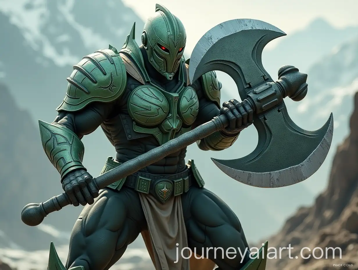 Futuristic-Male-Warrior-with-Plasma-Axe-in-Mountainous-Setting