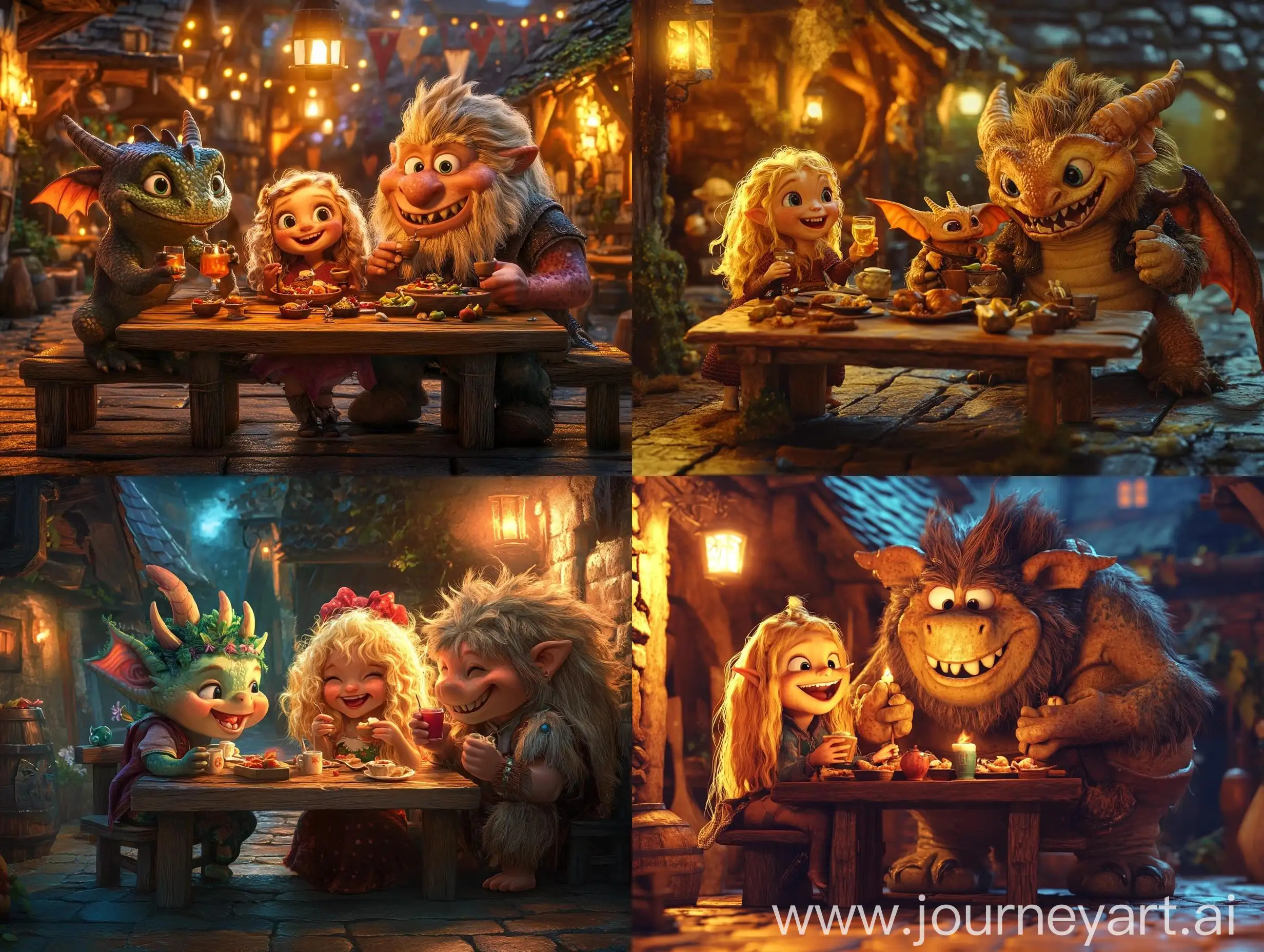 Medieval-Fantasy-Feast-with-Dragon-Troll-and-Girl-in-Cozy-Village