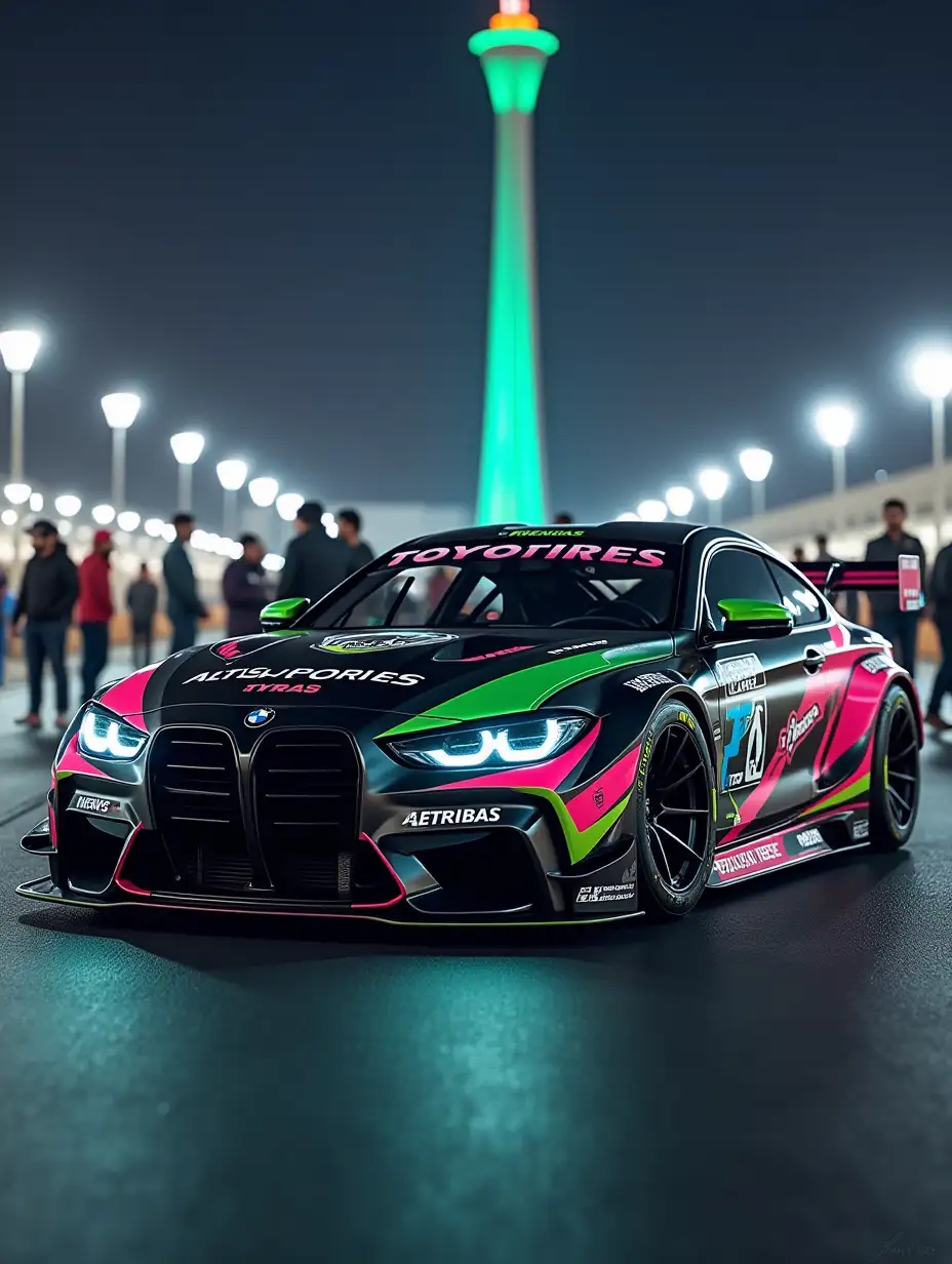 A photorealistic image of an extremely high-performance race car on a smooth asphalt track. The car is a 2024 BMW M4 G82 with a modern, aerodynamic design, characterized by a prominent front grille and sharp, angular lines. It sports a vibrant livery with a mix of black, green, pink, and blue colors, creating a striking visual contrast. Various sponsor logos, including 'TOYO TIRES' and 'HKS', are prominently displayed across the body in bold, white lettering. The car's wheels are black with neon green accents, adding to its dynamic appearance. The vehicle is parked on a Riyadh street with the iconic Kingdom Tower in the background, surrounded by spectators in awe of its extravagant design. The setting captures the lively urban atmosphere, with bright city lights reflecting off the car’s futuristic surfaces. Ultra-detailed rendering, hyper-realistic lighting, 8K resolution, and a dynamic composition showcasing the luxurious and powerful modifications, vivid colors, 8k resolution, ultra-realistic textures --ar 16:9 --v 6.0