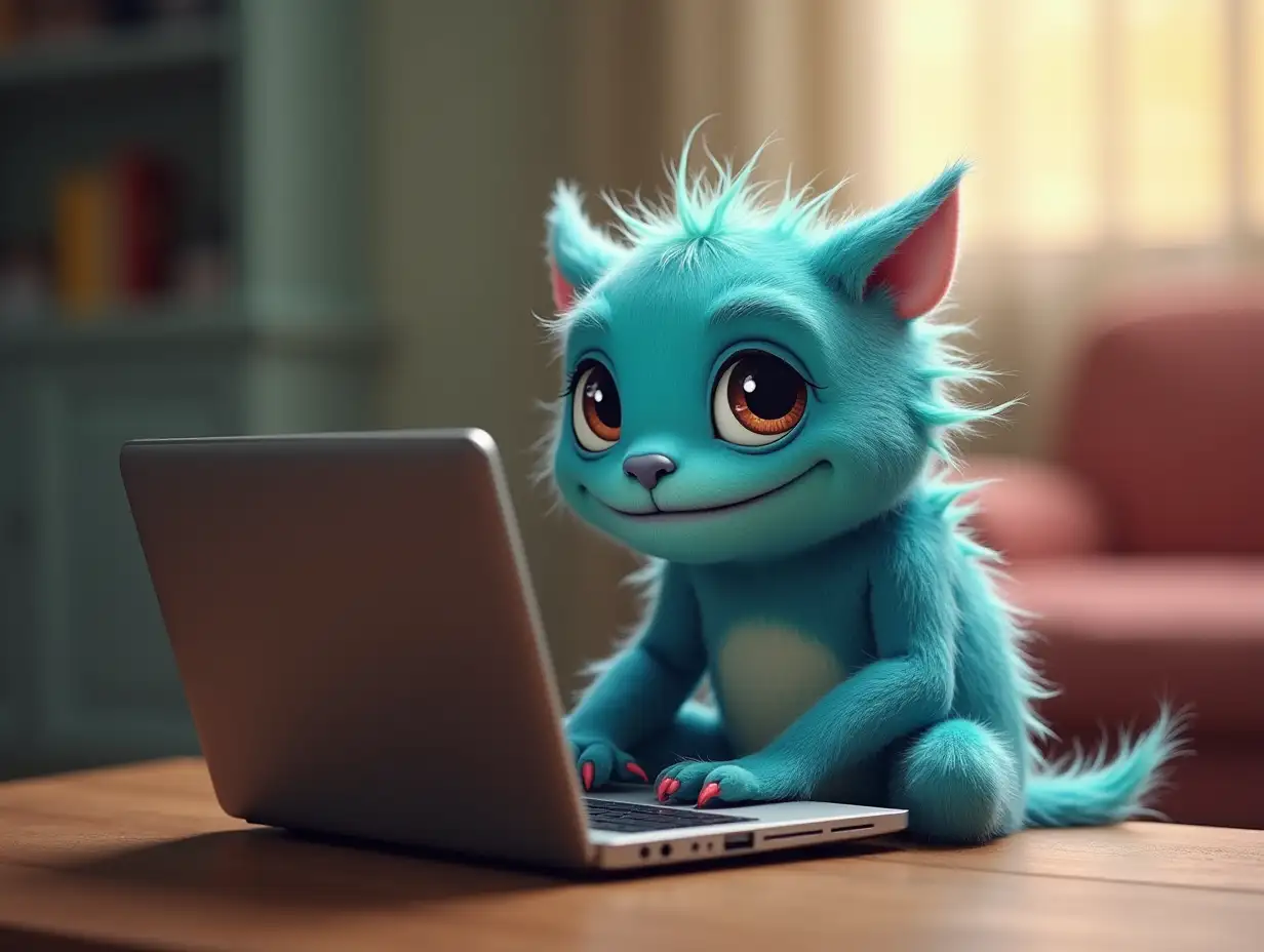 Cute little monster is surfing the internet on laptop