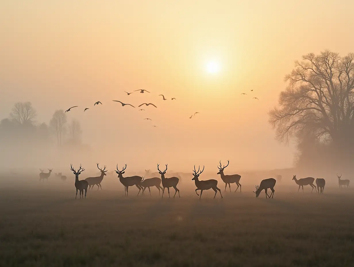 a huge, wet meadow, fog, lots of cranes, some of them taking flight, in the background a few birches and one old oak on the right, the sun rising low, in the foreground a herd of roe deer and two fighting deer