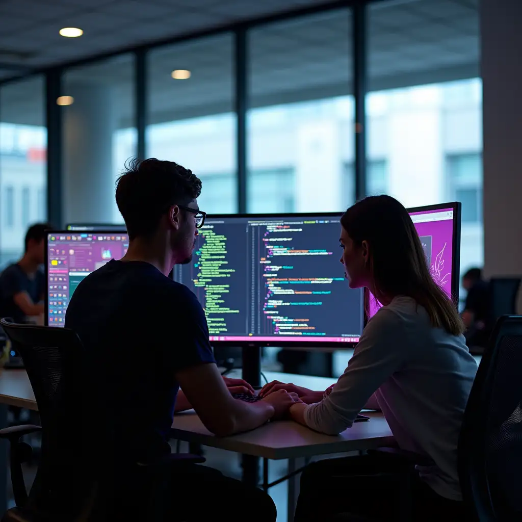 A modern office with a team of developers working on sleek computers. The screen displays lines of code for a website project, with vibrant UI elements visible. The room is bright, with natural light pouring in through large windows. The mood is focused and collaborative.