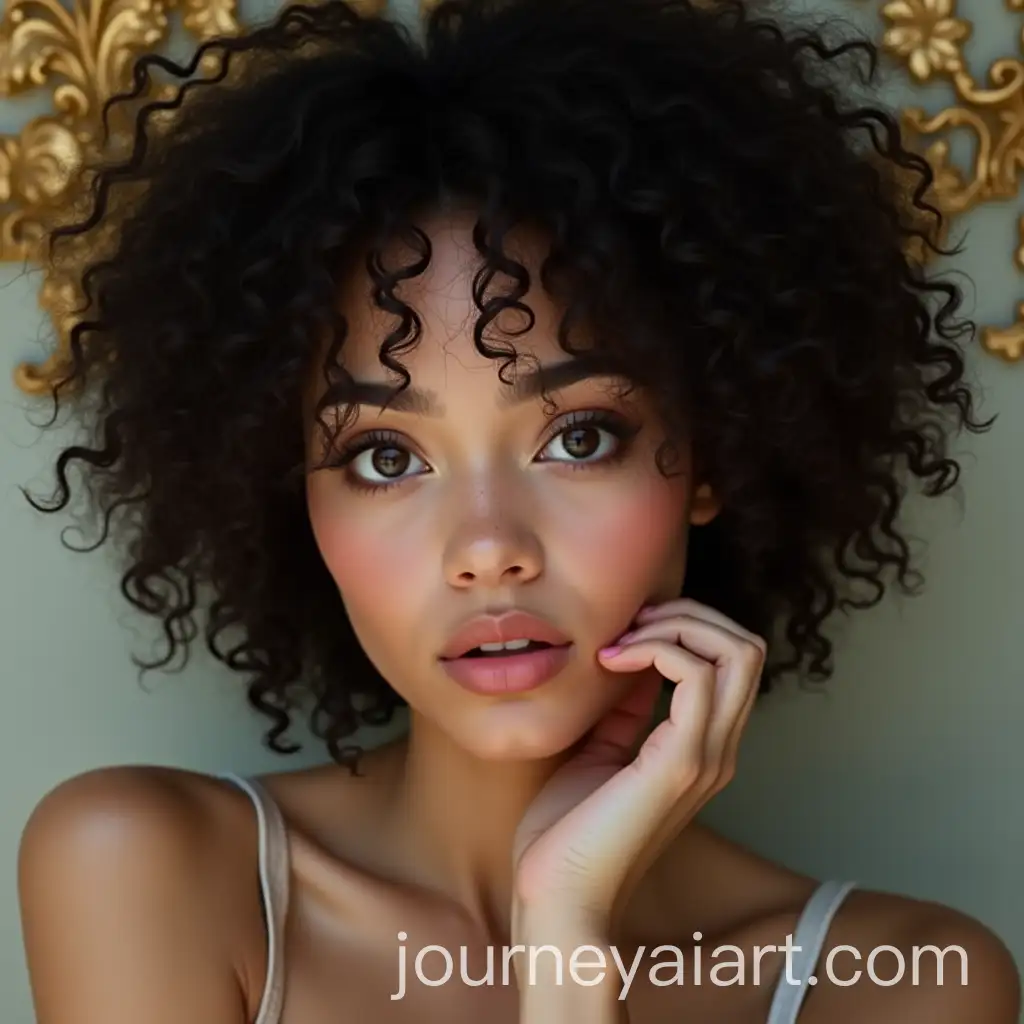 Beautiful-Woman-with-Black-Curly-Hair-and-Porcelain-Skin-Against-a-GoldDetailed-Plaster-Background