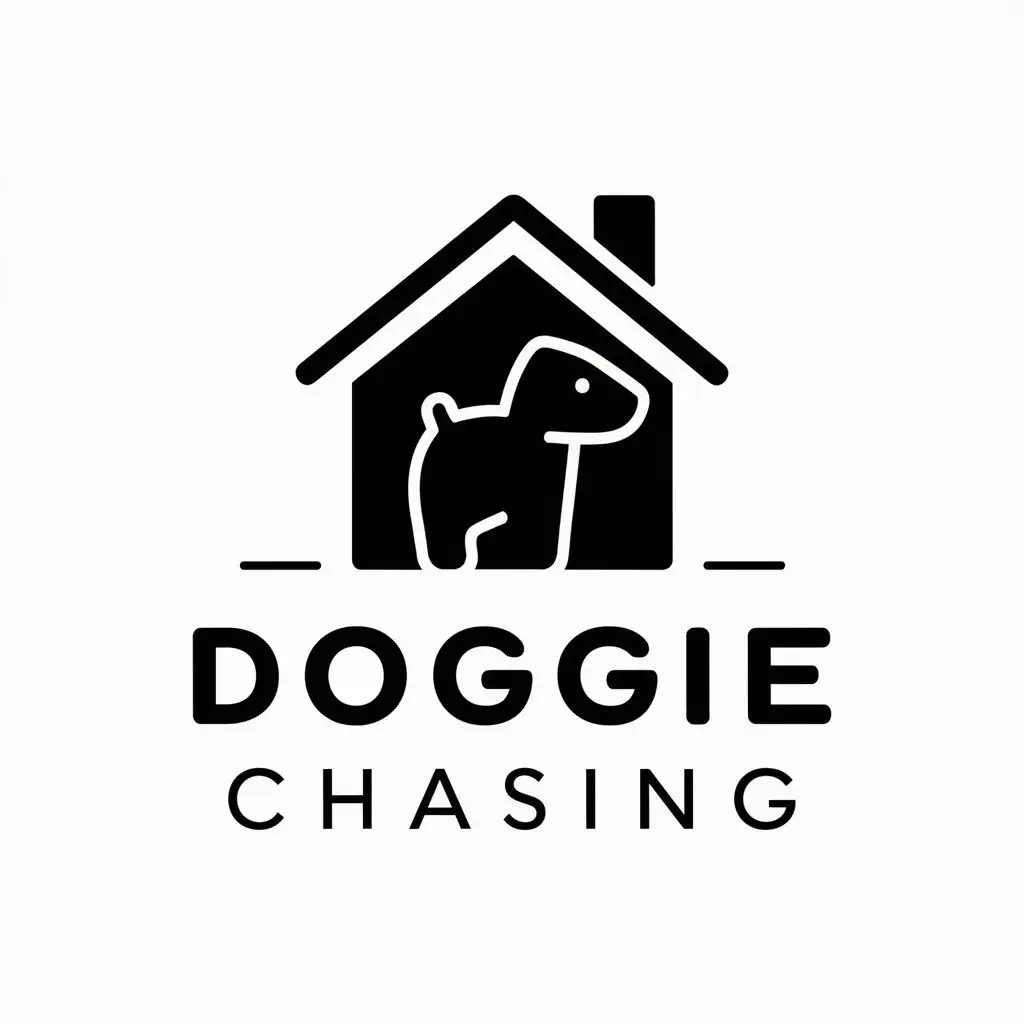 a vector logo design,with the text "Doggie chasing", main symbol:dog house,Minimalistic,be used in Animals Pets industry,clear background