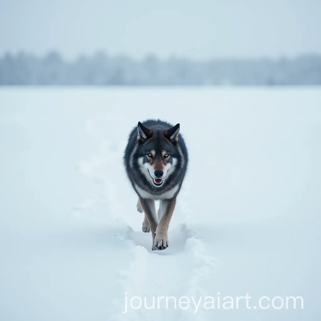 Lone-Wolf-Running-Across-Snowy-Landscape-with-High-Horizon