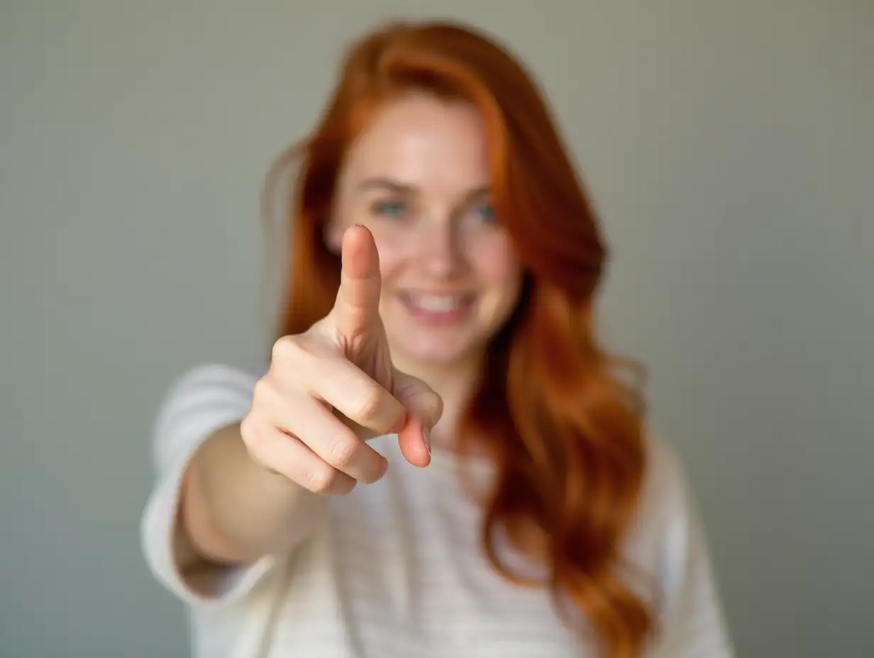 Young redhead woman pointing with finger to the camera and to you, hand sign, positive and confident gesture from the front