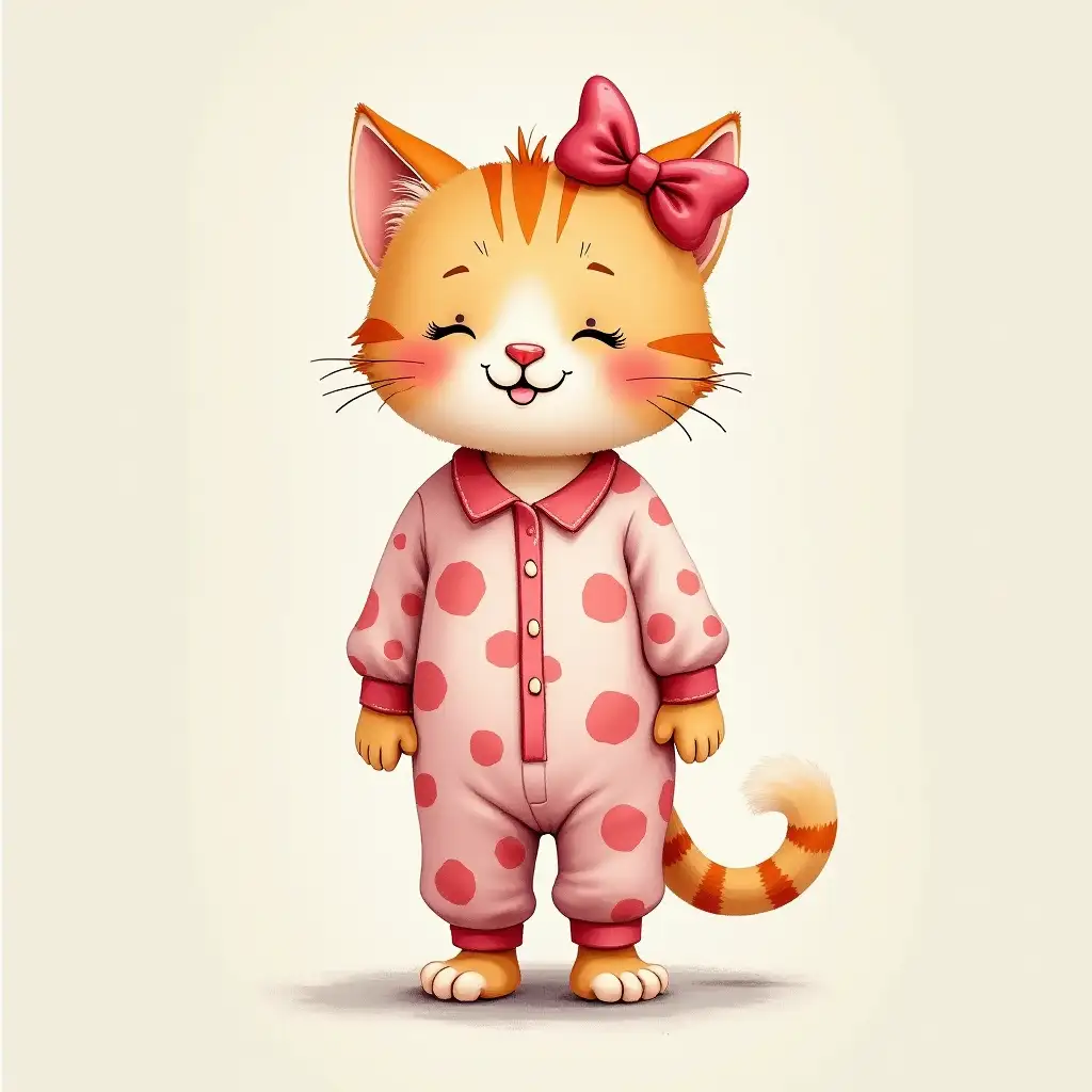 Very small and cute girl-cat in polka dot pajamas and with the same bow, stands straight, smiling, showing her first tooth. Painting in oil, watercolor, oil, high detail, 4k, bright colors, bedroom, cartoon