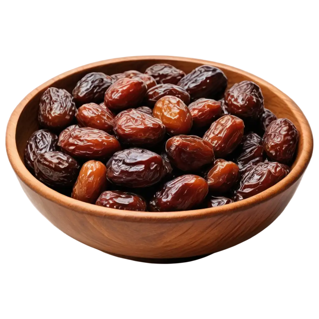 Imagine a beautifully crafted wooden bowl, filled to the brim with fresh, plump Arabic dates. Their rich, caramel-colored skins glisten under soft, natural light, inviting you to taste their natural sweetness. Each date looks tender and succulent, promising a burst of flavor with every bite. The bowl sits on a rustic table, surrounded by a warm, cozy ambiance. Describe the scene in vivid detail, capturing the texture, aroma, and allure of these fresh dates.