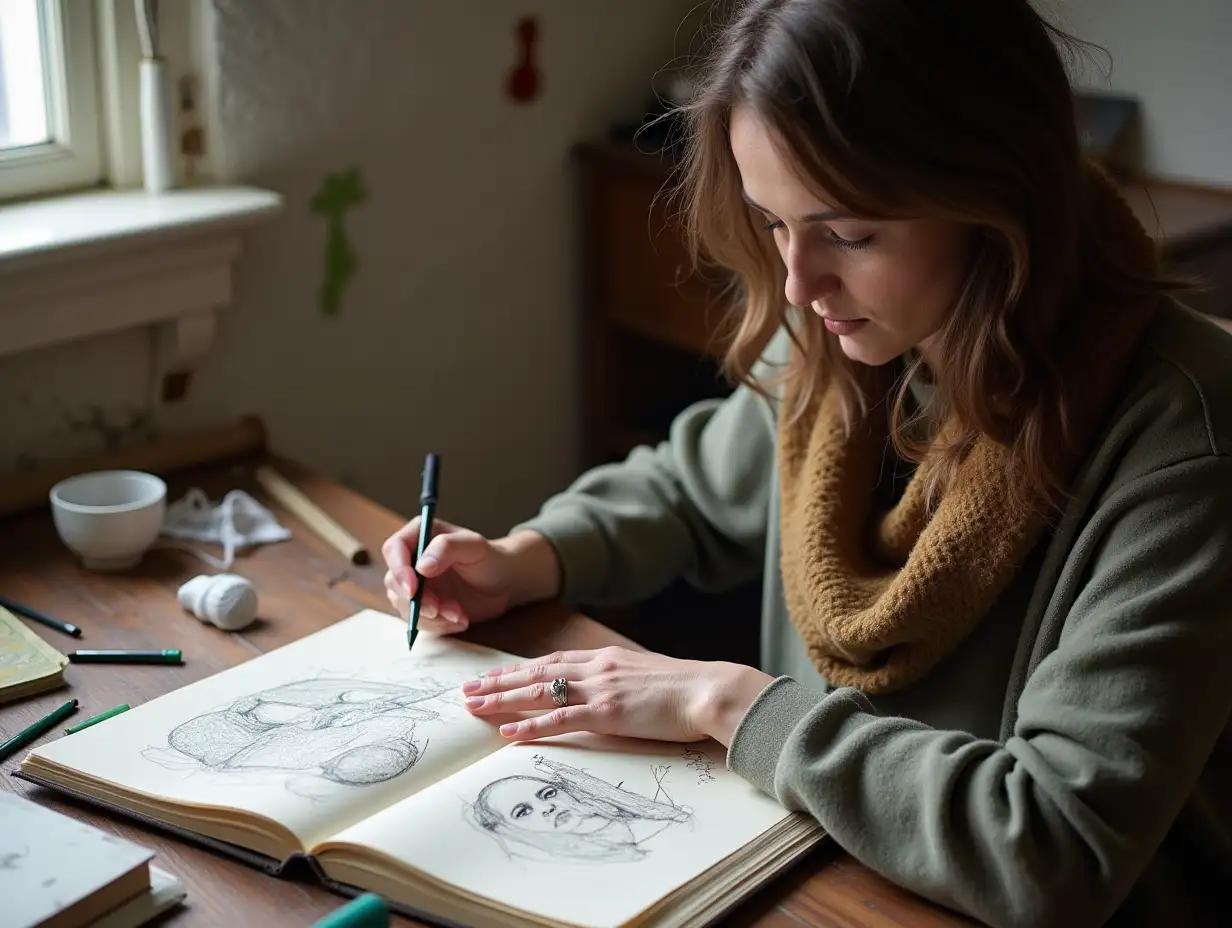 Carla rummages through drawings and notes, finds a manuscript and starts to read it