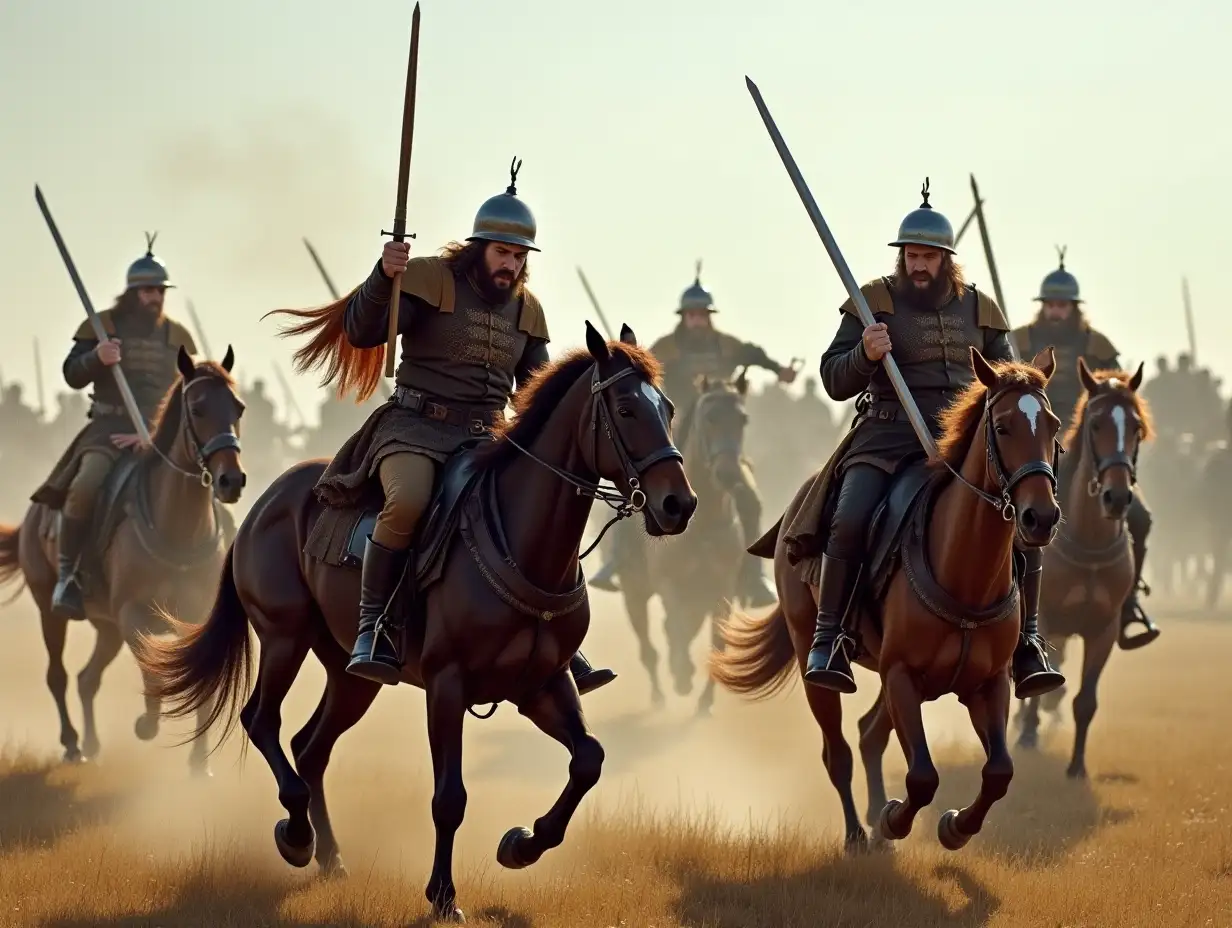 Cossack warriors on horseback, wielding sabers, engaging in battle.