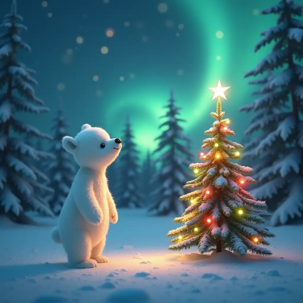 cute little white bear in the North, standing near a New Year's tree decorated and looking at it, Northern Lights, incredibly fabulous New Year's atmosphere, 3D, HD