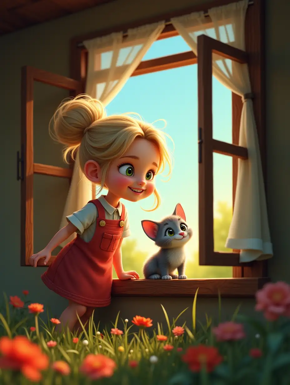 Animated-Girl-and-Kitten-Watching-Flower-Garden-from-Attic-Window