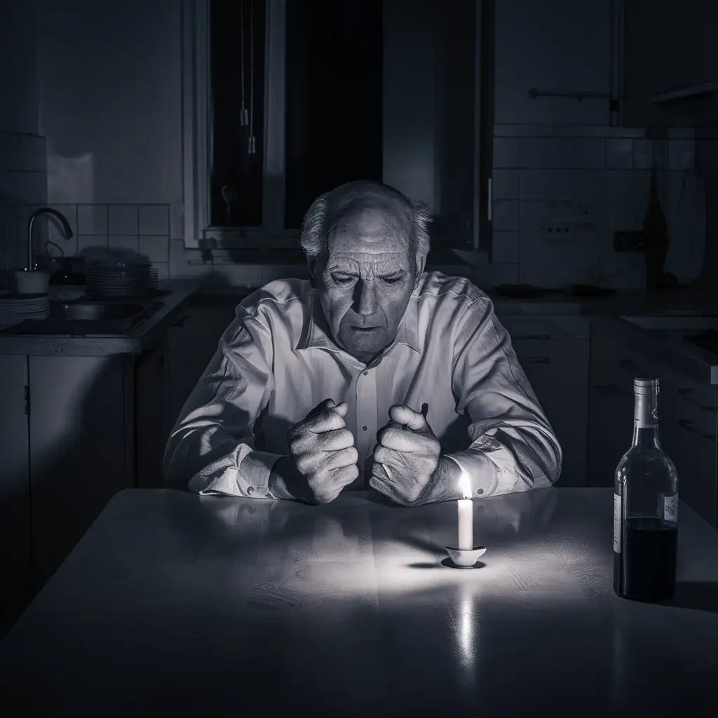 Elderly Man Contemplating Life at Dimly Lit Kitchen Table