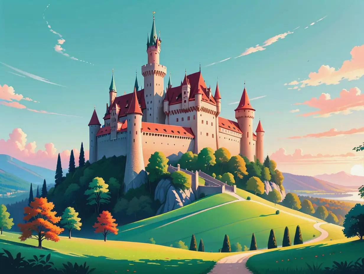 Pastel-Vector-Illustration-of-a-European-Castle-Surrounded-by-Nature