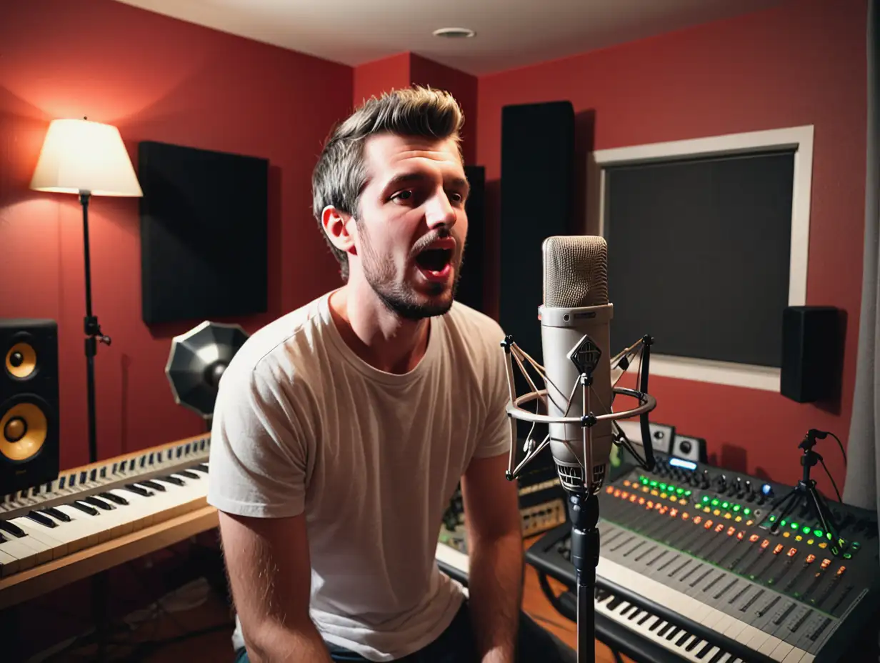 Man Using Studio Microphone in Home Music Studio