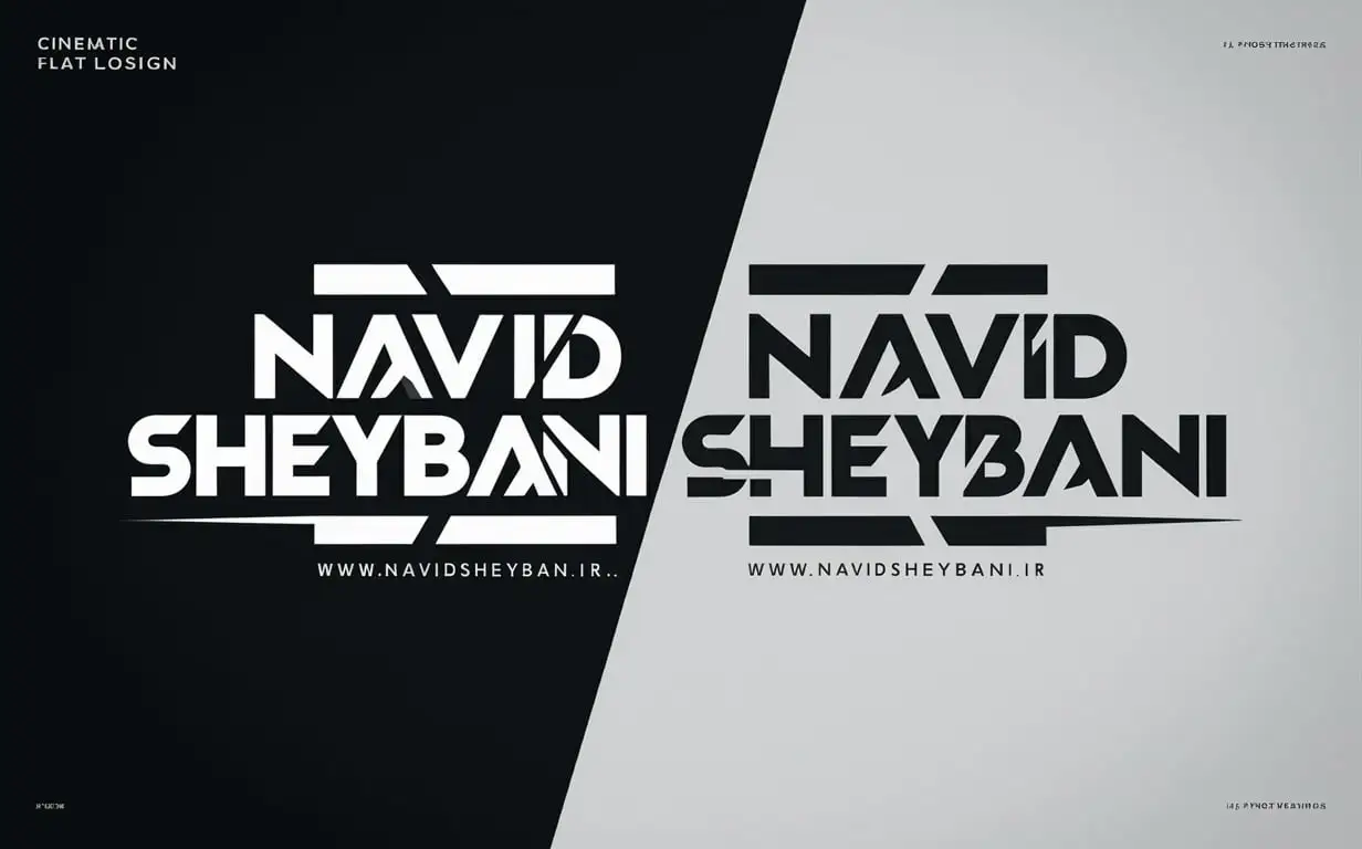 2 impressively same mirror designed cinematic Flat Logos by Navid Sheybani,The two identical logos one on left and one on right are same but white text with black back and black text with white back available in both black and white color schemes in split screen to suit various design needs. featuring bold and futuristic 2D text that pops against a flat background. The main text, Navid Sheybani, is prominently displayed in white text and black grey background with a modern, geometric font, while the website address, WWW.NavidSheybani.IR, is positioned discreetly underneath. The overall design is sleek and cutting-edge, with a satisfying balance of contrast and harmony.