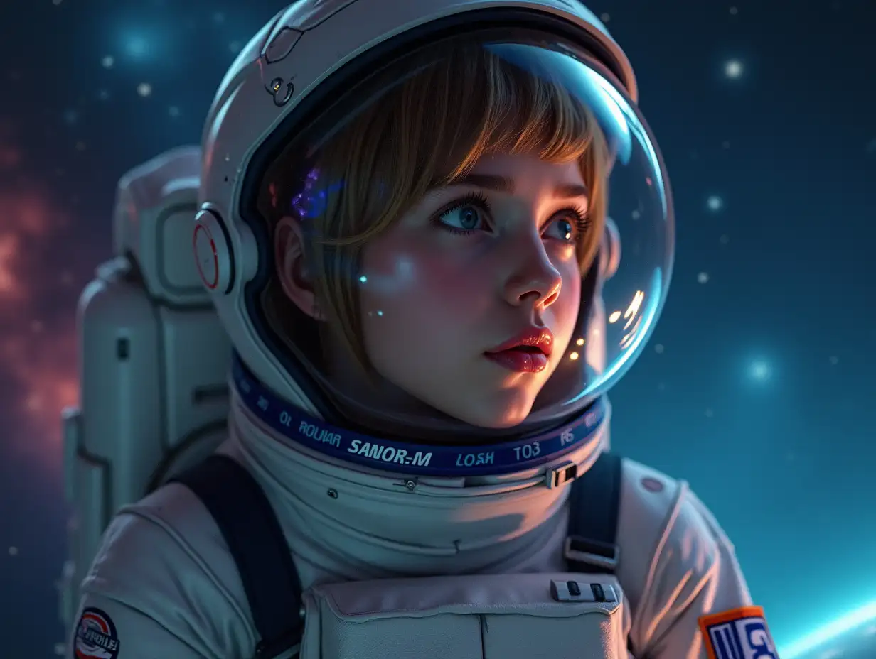 a beautiful girl with a space suit in the space