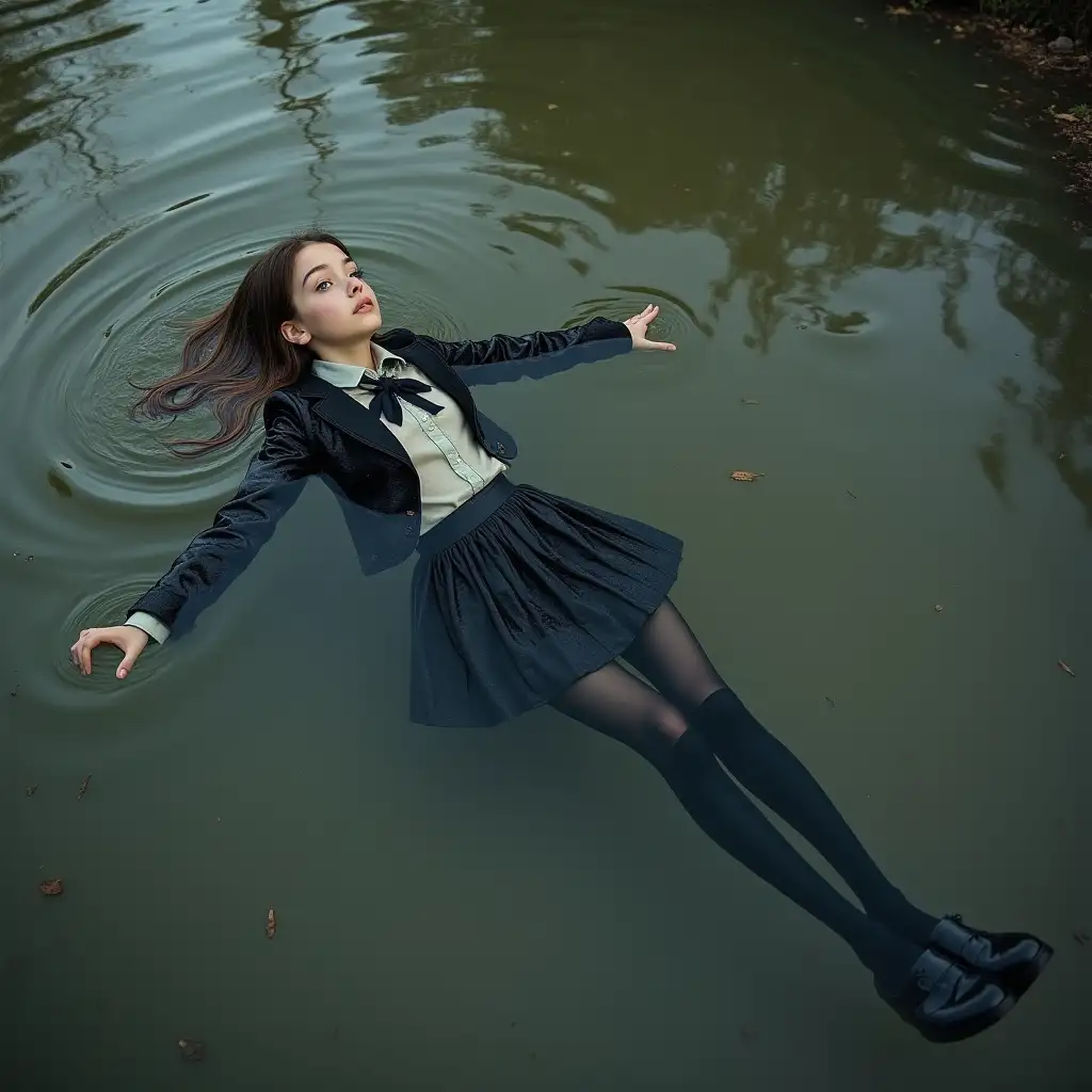 A young schoolgirl in a school uniform, in a skirt, jacket, blouse, dark tights, high-heeled shoes. She is swimming in a dirty pond, lying underwater, all her clothes are completely wet, wet clothes stick to her body, the whole body is underwater, submerged in water, under the surface of the water, below the water's edge.