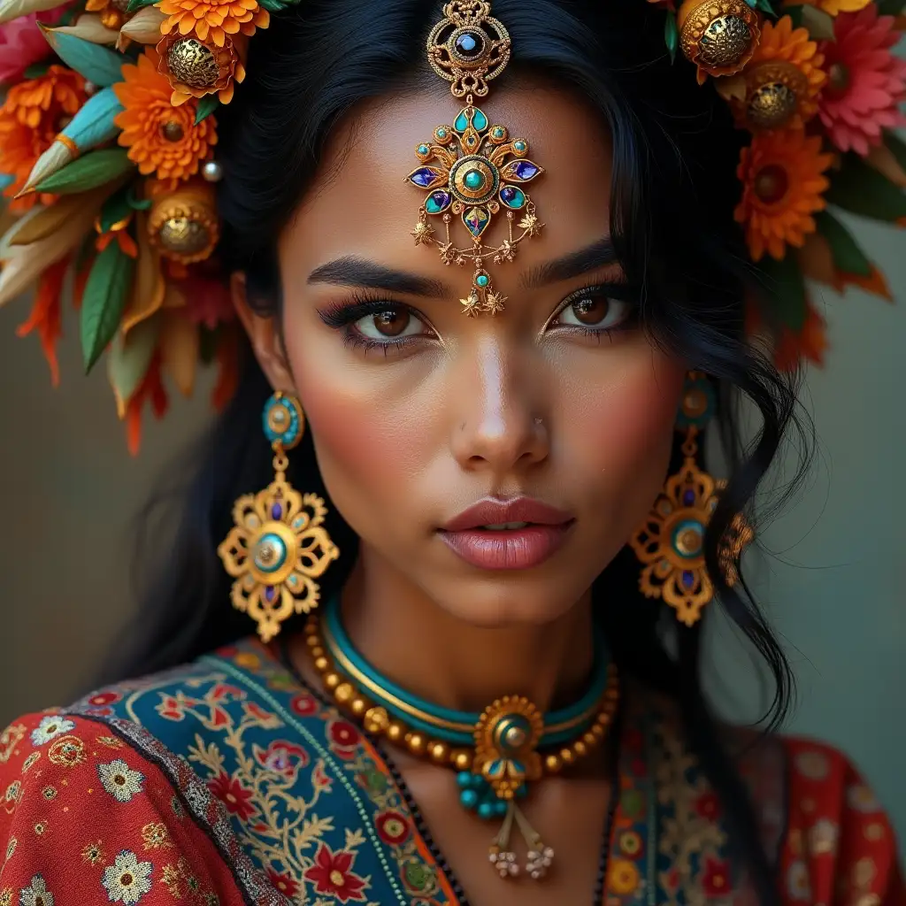 A hyperrealistic portrait of a beautiful Peruvian woman, who is wearing intricately detailed, colorful and futuristic jewelry.