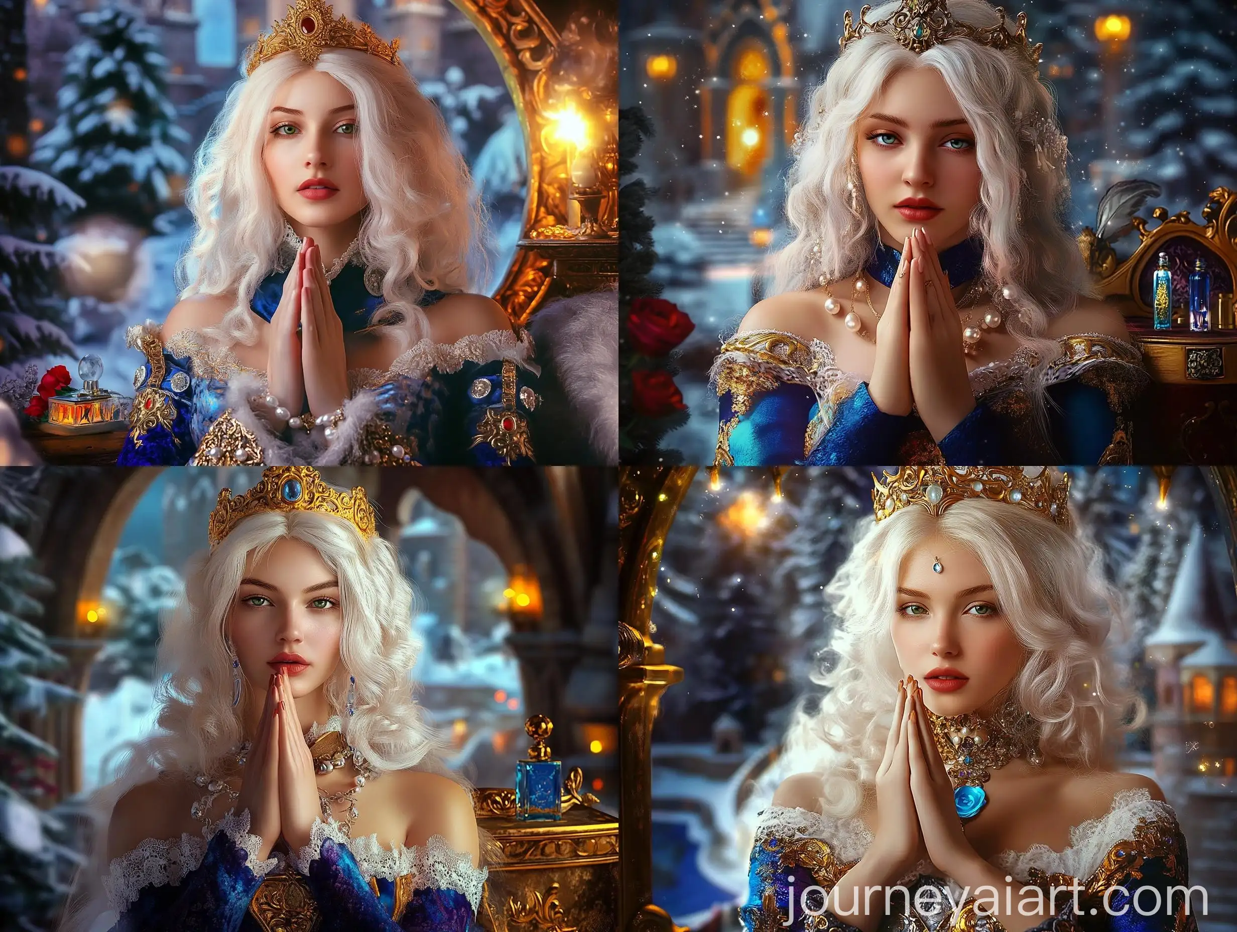 Medieval-Woman-in-Vibrant-Dress-and-Crown-Praying-in-Castle