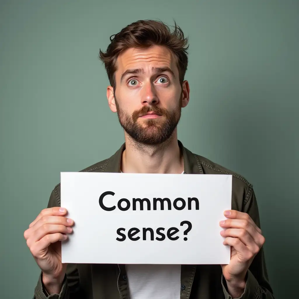 image of man confused and holding a sign that says common sense?