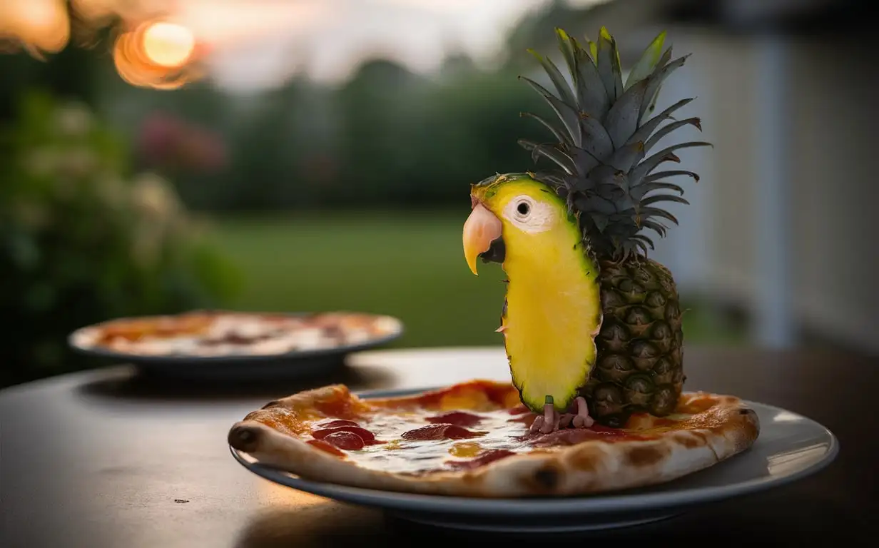 Macro-Photography-of-Parrot-Pineapple-Slice-on-Pizza-Slice-in-Kitchen-Setting