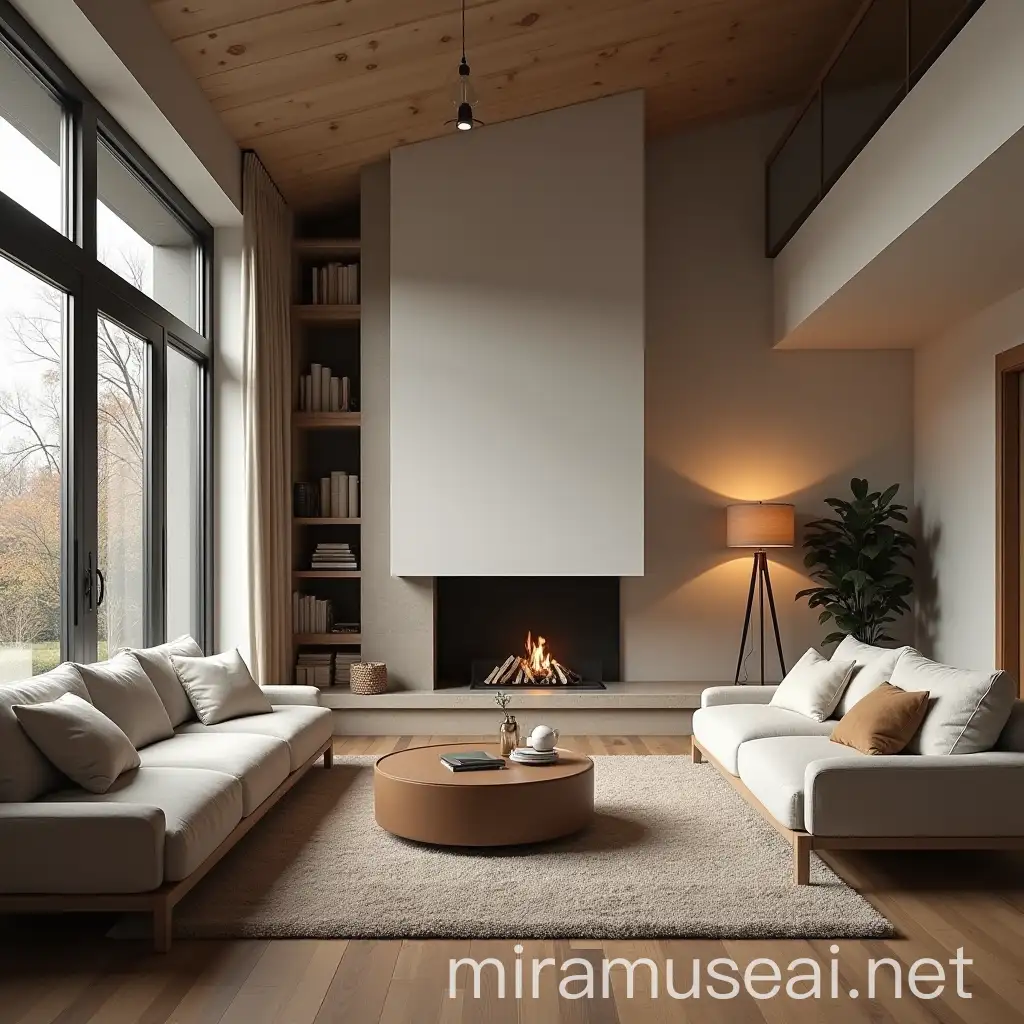 Cozy Modern Living Room with Large Sofa Coffee Table and Fireplace