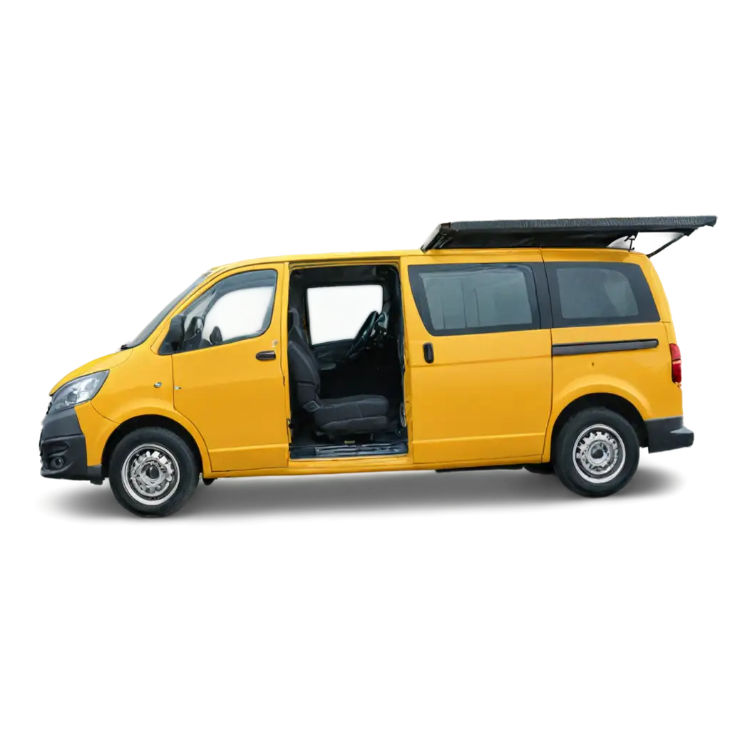 A yellow van from the side with its trunk open and a small rug inside.