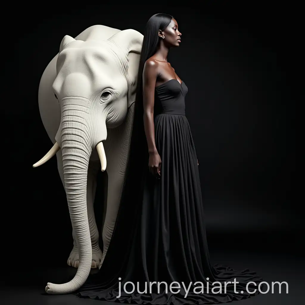 Elegant-Woman-in-Black-Gown-with-White-Elephant-Symbolizing-Harmony-and-Diversity