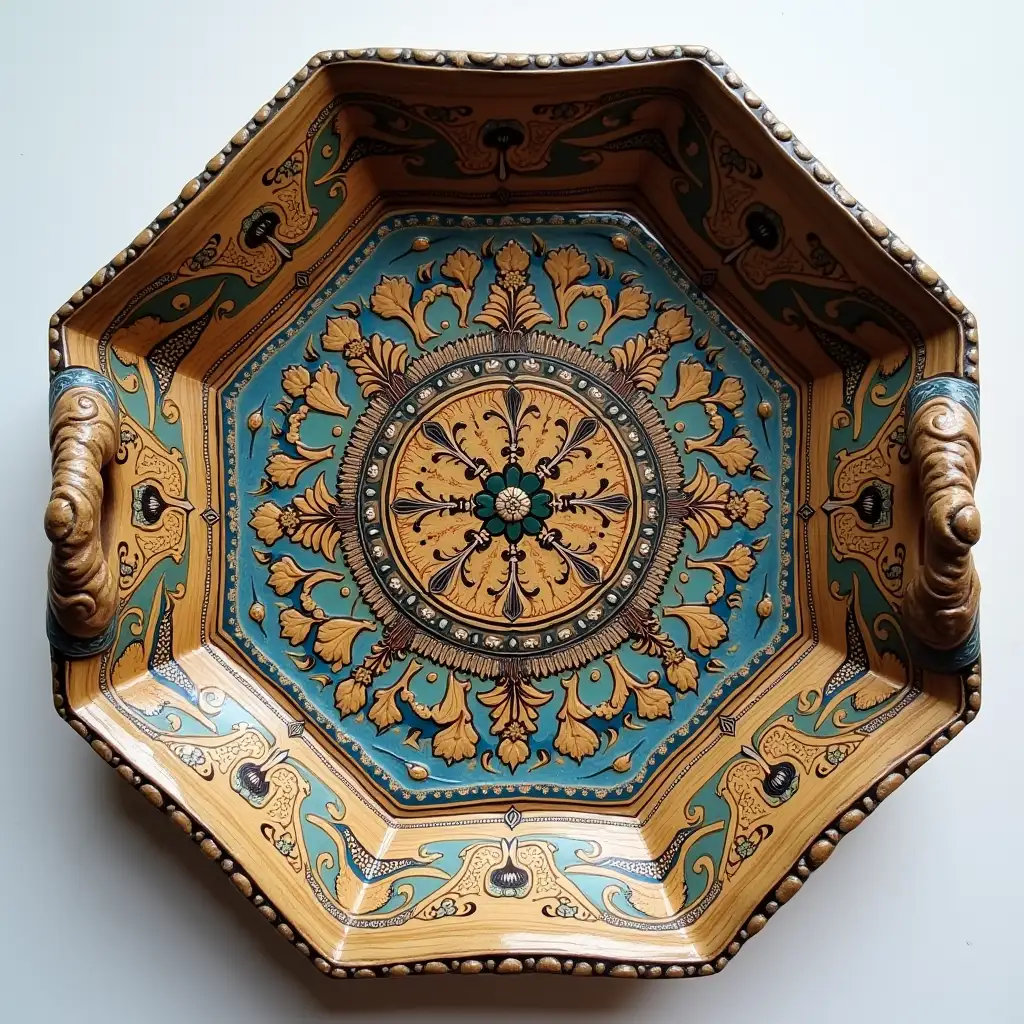 Octagonal with rounded corners ceramic serving dish with embossed beautiful handle, Fine art, Hyper detailed, Antique and old, Qajar art, Iranian Tabriz carpet design