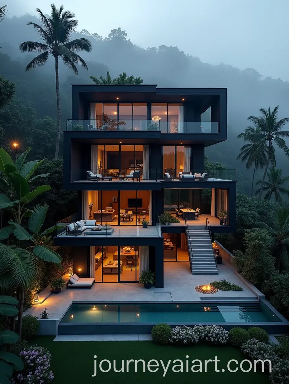 Modern-Black-Villa-with-Infinity-Pools-in-Tropical-Forest-at-Night