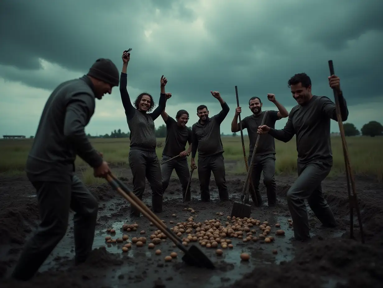 In a lively, mud-soaked scene, Caucasian people covered head-to-toe in thick black sludge enthusiastically dig and pull potatoes out of the muck, their joyful expressions and triumphant gestures capturing the spirited camaraderie of the messy harvest, Shovels and pitchforks are scattered around, Dramatic lighting, black clouds have gathered, there is a heavy downpour, a hurricane is about to begin, grainy, cinematic view